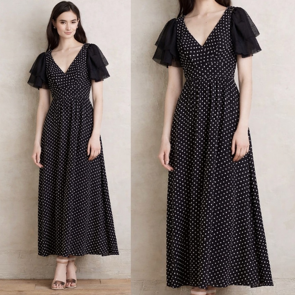 Anthropologie Eva Franco NWT Black & White Clipdot Maxi Dress Flutter Sleeve 4